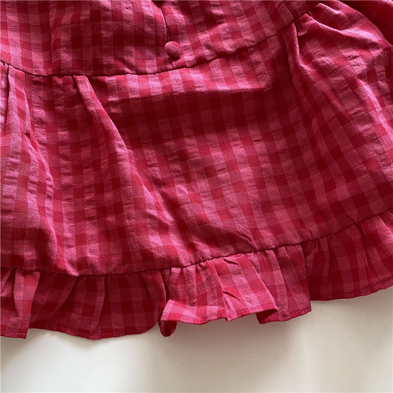 Jiashucheng Áo Hai Dây Kẻ Sọc Caro Trắng Trái Cây Nấm Cạnh Hoa Hồng Đỏ Dễ Thương Mùa Hè ins Cho Nữ