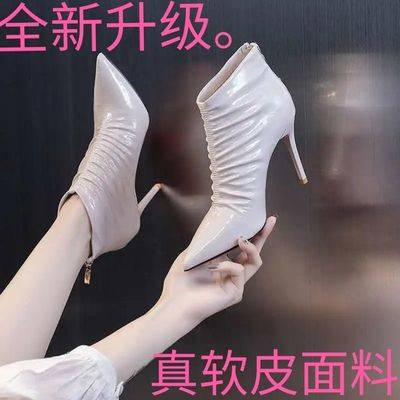 Giày bốt cao gót mũi nhọn bằng da thật mềm đính đinh tán phong cách Anh Quốc thời trang xuân hè thu cho nữ 2021