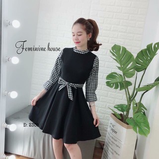 Đầm xòe phối caro nơ eo d1717150