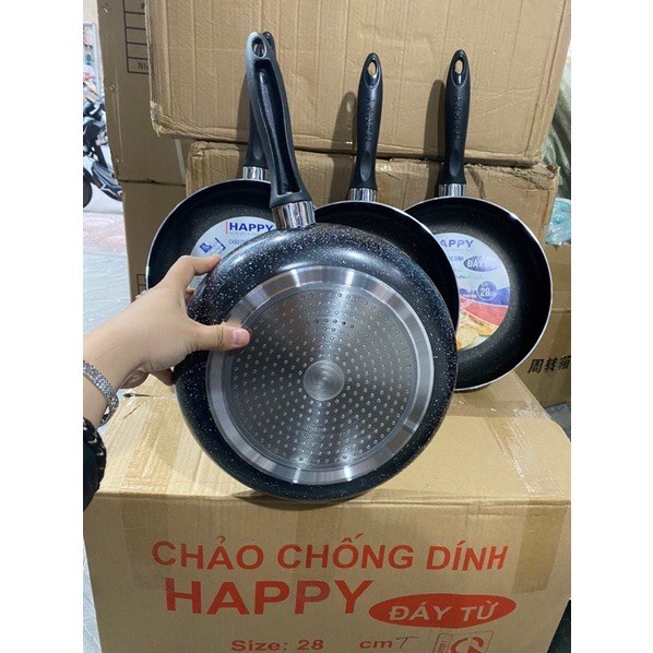 Chảo chống dính vân đá đáy từ HAPPY dùng được trên bếp từ, hồng ngoại, bếp ga