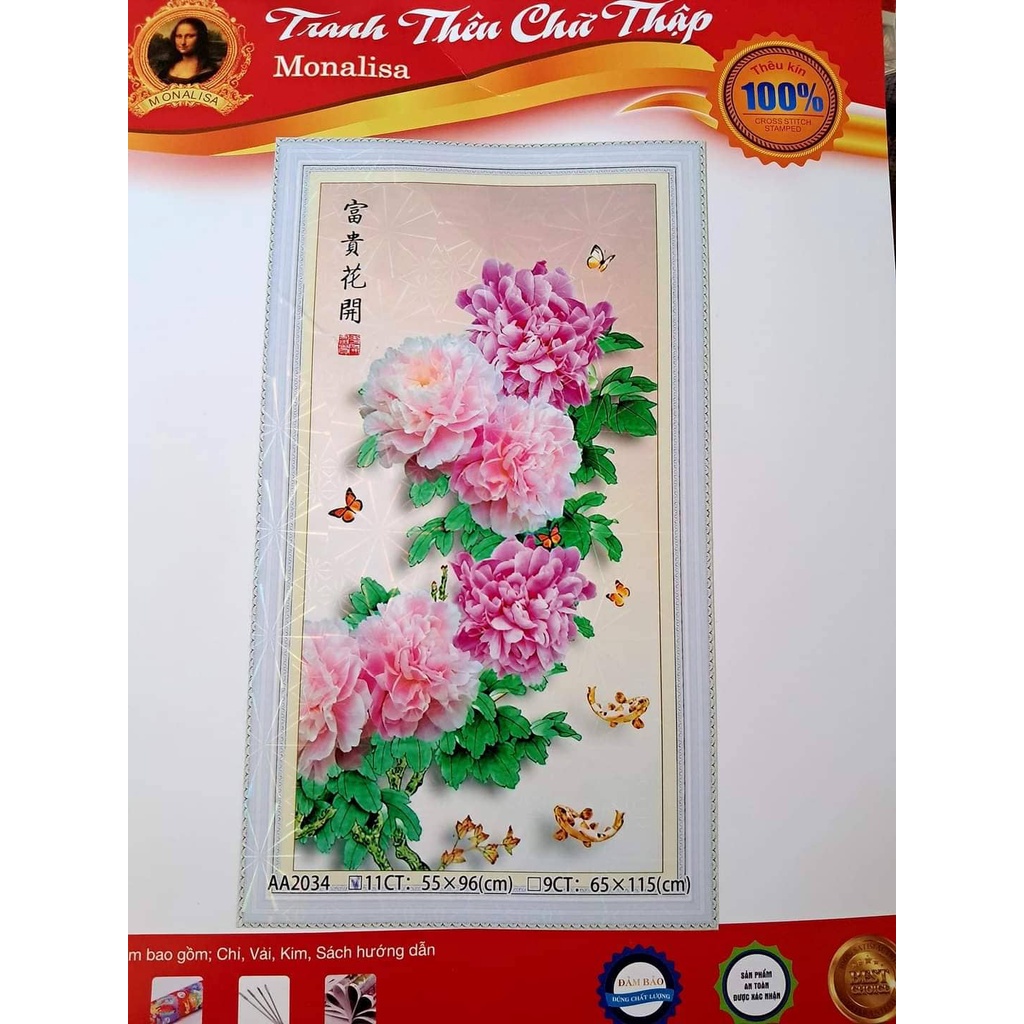 tranh thêu chữ thập hoa mẫu đơn aa2034 (55x96) cm
