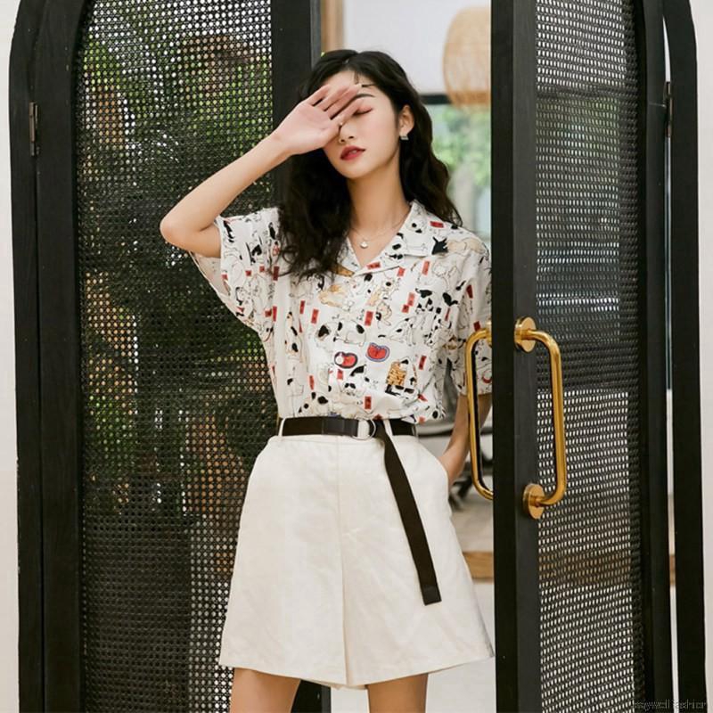 Áo sơ mi tay ngắn hoạ tiết mèo phong cách vintage | BigBuy360 - bigbuy360.vn