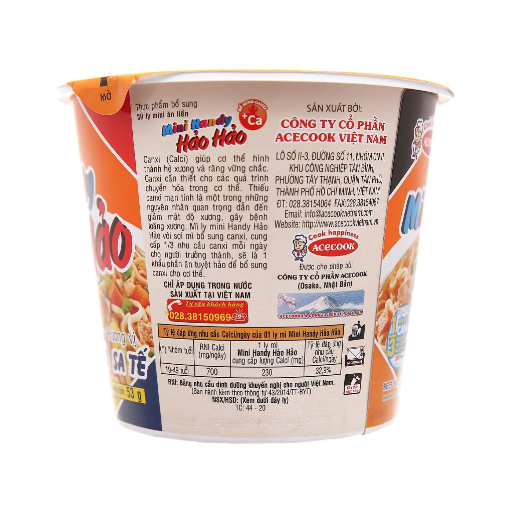 Thùng 12 ly mì ăn liền Mini Handy Hảo Hảo vị bò sa tế 53g