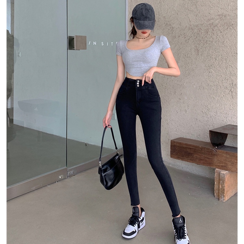 Quần Skinny Jeans lưng cao kiểu dáng đơn giản thời trang dành cho nữ
