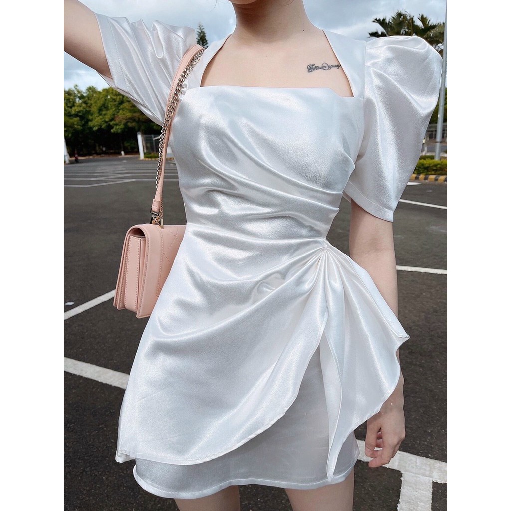 Đầm Cổ Vuông ⚡️FREESHIP⚡️ Dáng Xòe Tay Bồng Xếp Ly Nơ Eo