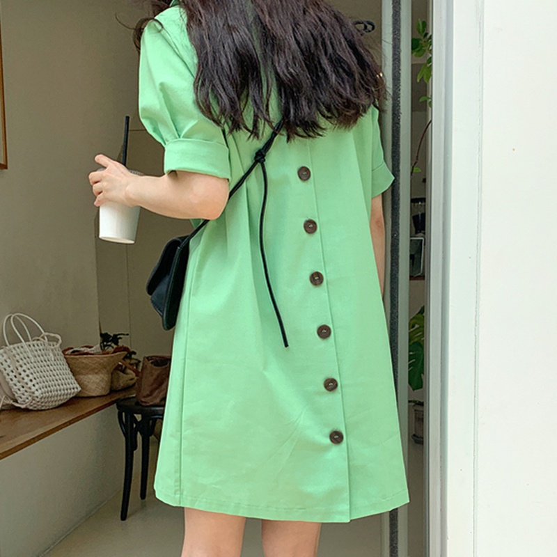 (ORDER) Váy sơ mi cổ bẻ POLO màu xanh lá nổi bật tay phồng, cài dọc khuy sau lưng dáng A-line đáng yêu