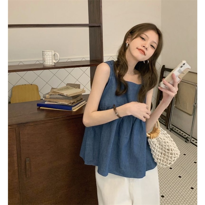 Áo Denim Không Tay Đính Nơ Thời Trang Mùa Hè Cho Nữ