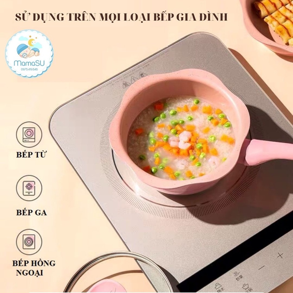 Bộ nồi chảo đá hình hoa cho bé ăn dặm cao cấp chống dính kèm lồng hấp nấu chế biến đồ gia đình dùng được bếp từ
