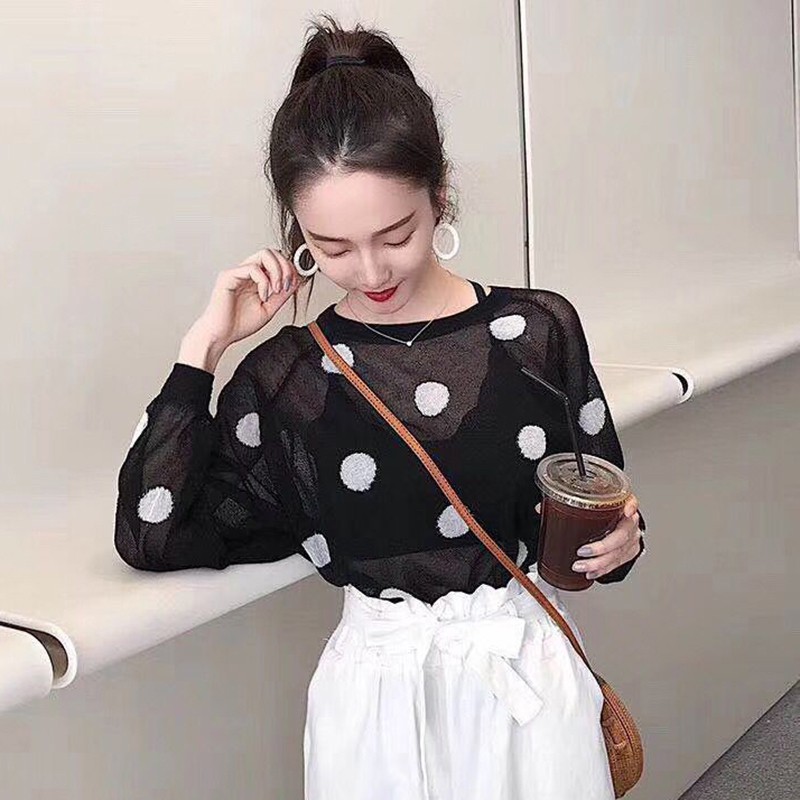 Áo thun tay dài phối lưới hoạ tiết chấm bi thiết kế thanh lịch cho phái nữ