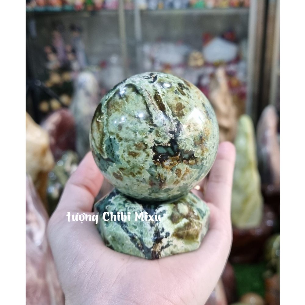 Bi cầu đá Serpentine 6.5cm kèm đế đá phong thủy
