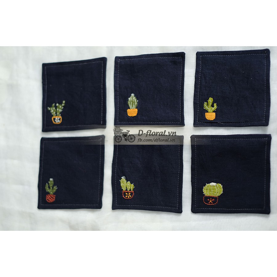 Set lót ly linen thêu tay