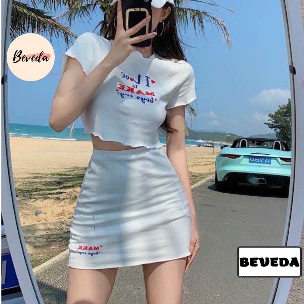 Set Áo Croptop Cuốn Biên Kèm Chân Váy In Chữ Siêu Xinh