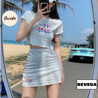 Set áo croptop cuốn biên kèm chân váy in chữ siêu xinh