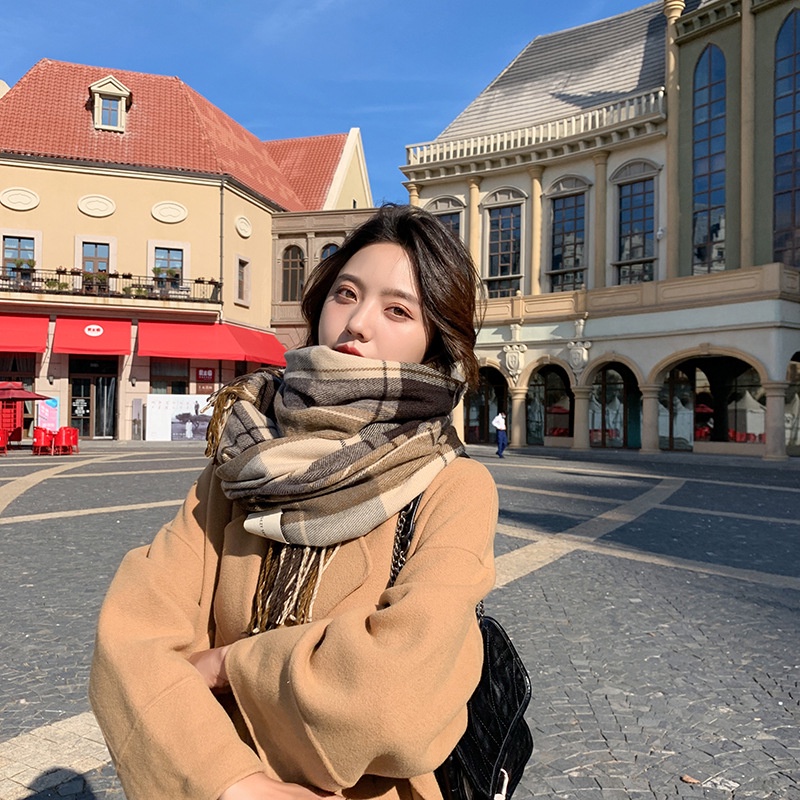 Khăn choàng cổ dài dày giữ ấm kẻ sọc caro phong cách Anh Quốc thời trang thu đông cho nữ