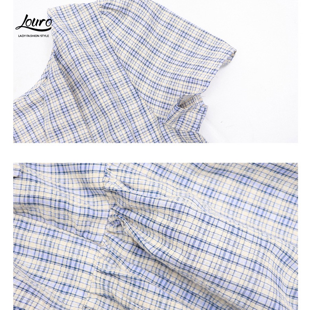 Váy babydoll Louro L2113, mẫu váy babydoll dáng xòe, thắt nơ sau, họa tiết caro nhỏ | BigBuy360 - bigbuy360.vn