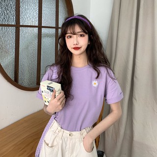 Áo phông nữ tím thêu hoa cúc