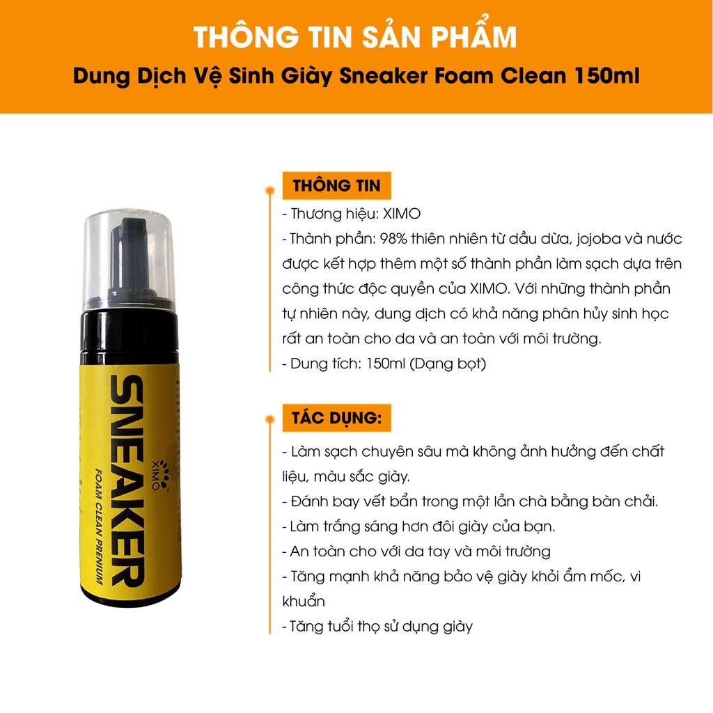 Chai Dung Dịch Vệ Sinh Giày Sneaker Premium Foam Clean XIMO 150ml Dạng Bọt Làm Sạch Chuyên Sâu