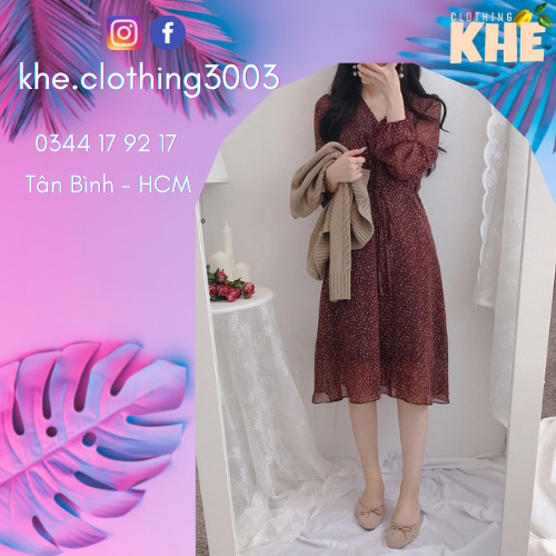 - Váy hoa dáng dài vintage, tay dài, dây thắt eo nữ tính - thu đông