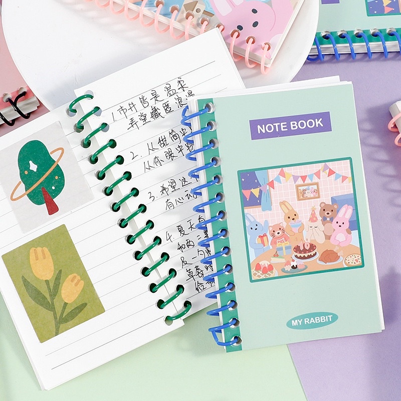 Sổ Tay Lò Xo Mini Bỏ Túi Ruột Kẻ Ngang Bìa Nhiều Màu Pastel Hình Động Vật Đáng Yêu