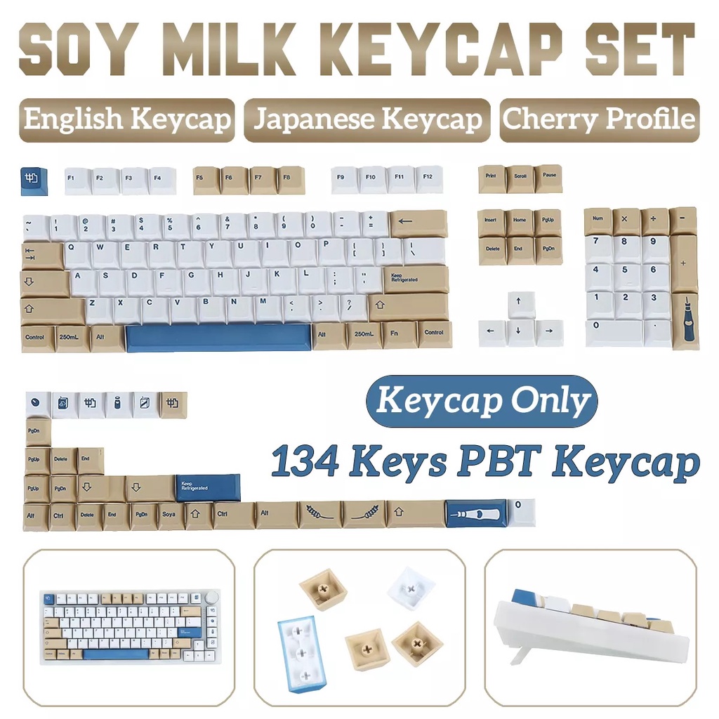 Bộ Keycap Sữa Đậu Nành Thick PBT Cherry Profile Dye Sub 134 Nút cân được nhiều layout