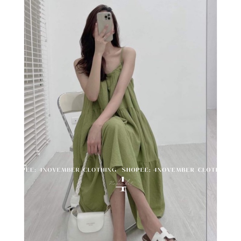 Đầm hai dây maxi 3 tầng đi biển, Váy babydoll hai dây chất đũi chữ A xoè rộng