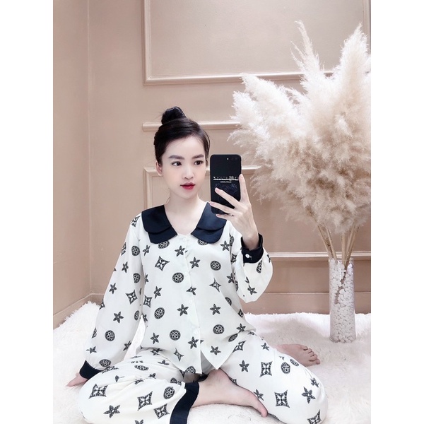 Đồ bộ ngủ pịjama tay dài quần dài cổ sen 2 lá lụa Mango Sam | BigBuy360 - bigbuy360.vn
