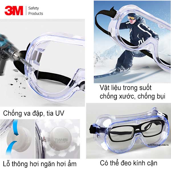 3M 1621 Kính bảo hộ chống bụi, chống dịch, chống chất lỏng, chống vật sắc nhọn, chống tia UV