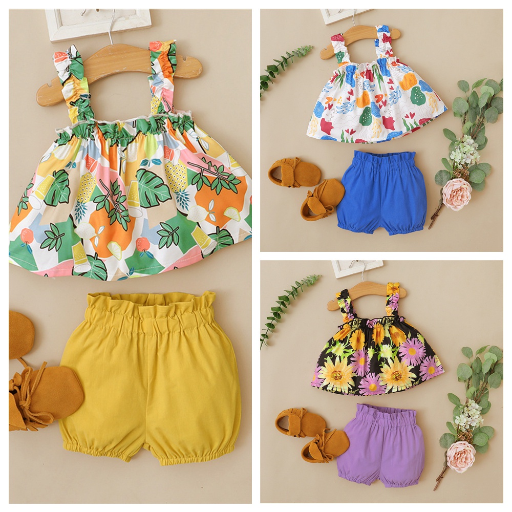 Set đồ Mikrdoo gồm áo 2 dây in hoa + quần short thời trang hè đơn giản cho bé gái 1-6 tuổi