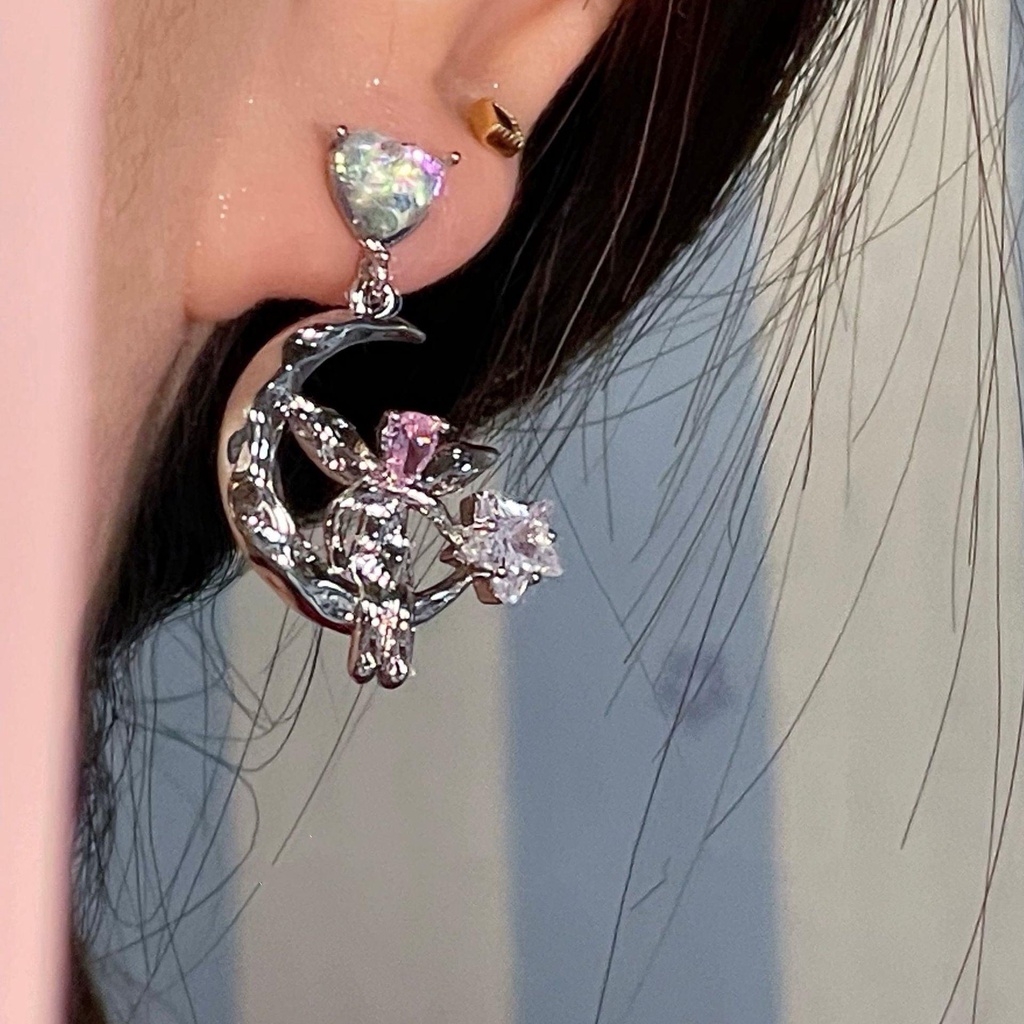 Love Zircon Star Stud Earrings Women's New Earrings Explosive Summer Earrings Fashion Personality Niche Design Moon Elf Earrings Women
