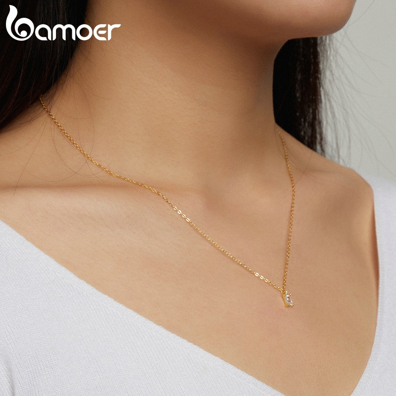 Vòng cổ Bamoer bạc 925 mặt hình chữ nhật đính đá zircon phong cách đơn giản cho nữ