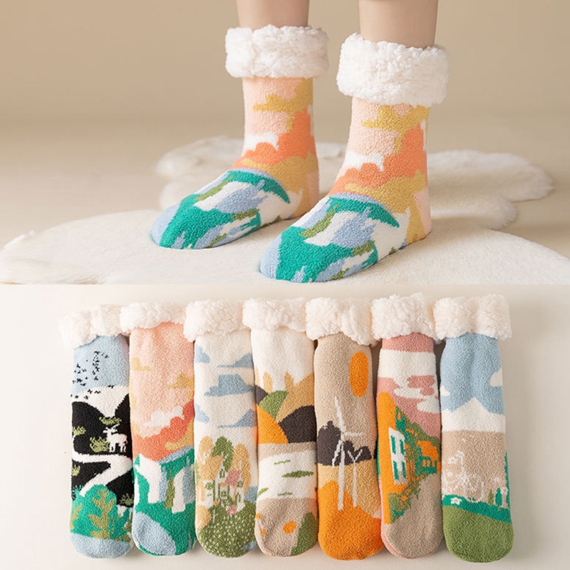 Youyo Vớ Lông Cừu Giả Dày In Hình Phong Cảnh Làng Quê Đầy Màu Sắc Mới Lạ Giữ Nhiệt Mùa Đông Cho Nữ Có Sẵn