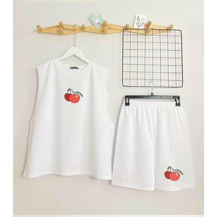 Bộ tanktop áo ba lỗ kèm bra quây quần đùi sooc chất cotton in quả cherry