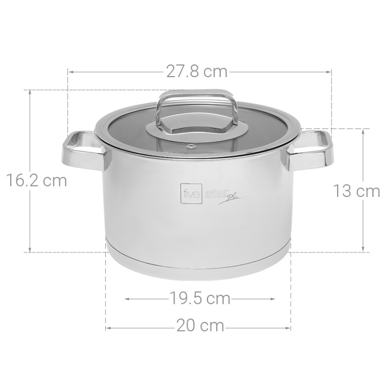 Nồi thân cao 3 đáy inox 304 Fivestar Plus bếp từ quai vuông nắp kính ( 16cm / 18cm / 20cm / 24cm )