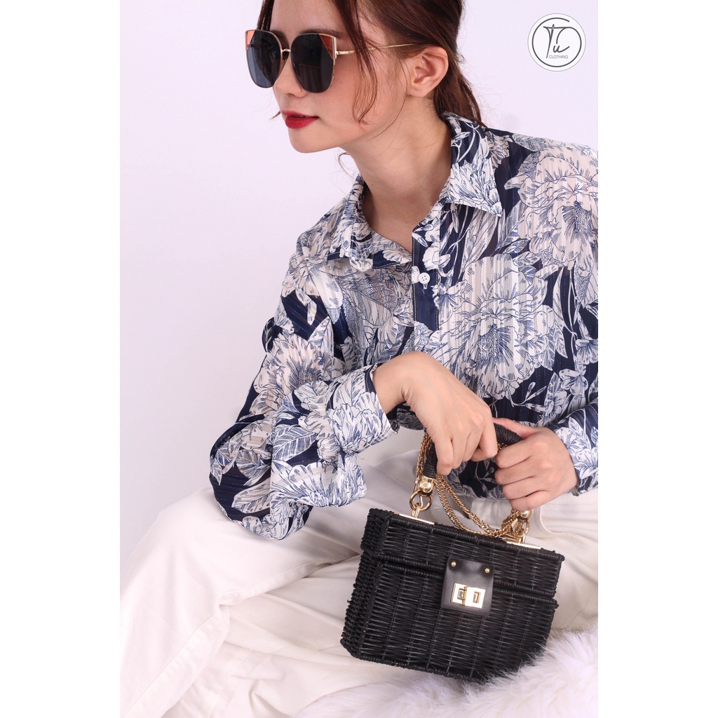 Áo sơ mi SMOS-07, vải chiffon dệt hoa màu xanh ánh kim