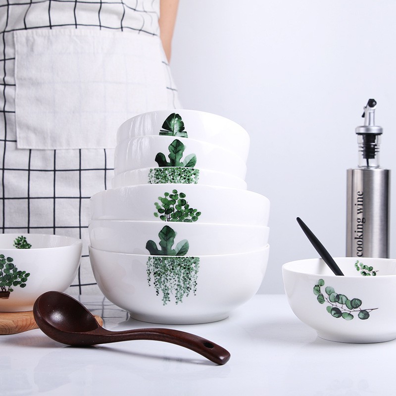 Tô sứ trắng họa tiết lá cây