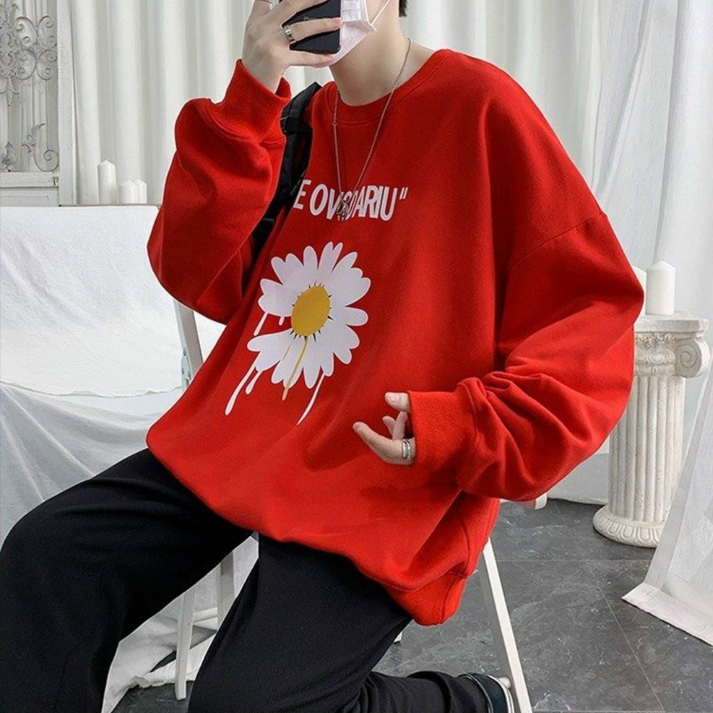 ÁO SWEATER NỈ UNISEX KHÔNG NÓN IN HOA CÚC TRẮNG STYLE HÀN CỰC ĐẸP