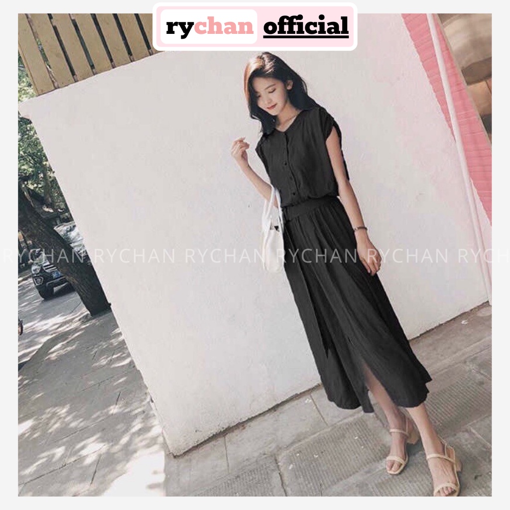 Đầm Xoè Đen Dáng Dài Sơ Mi Cổ Trụ Kèm Belt - DX000