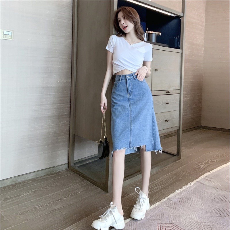 Chân váy jean midi dáng chữ a váy bò dài qua gối cạp cao rách gấu A5