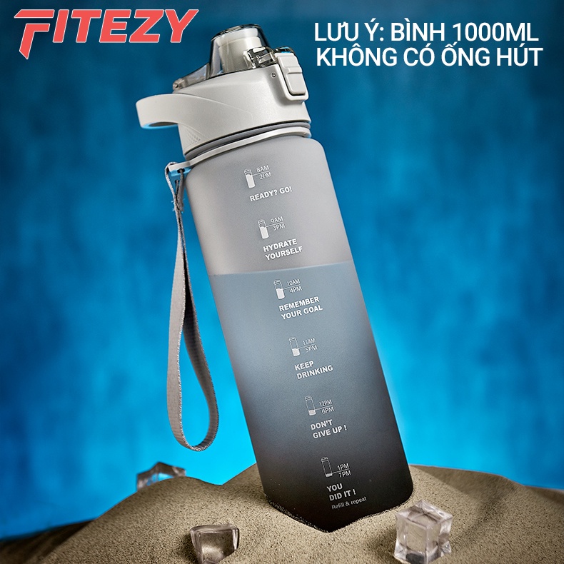 Bình nước thể thao tập gym 1 lít có vạch nhắc giờ uống nước và nắp lọc trà FITEZY