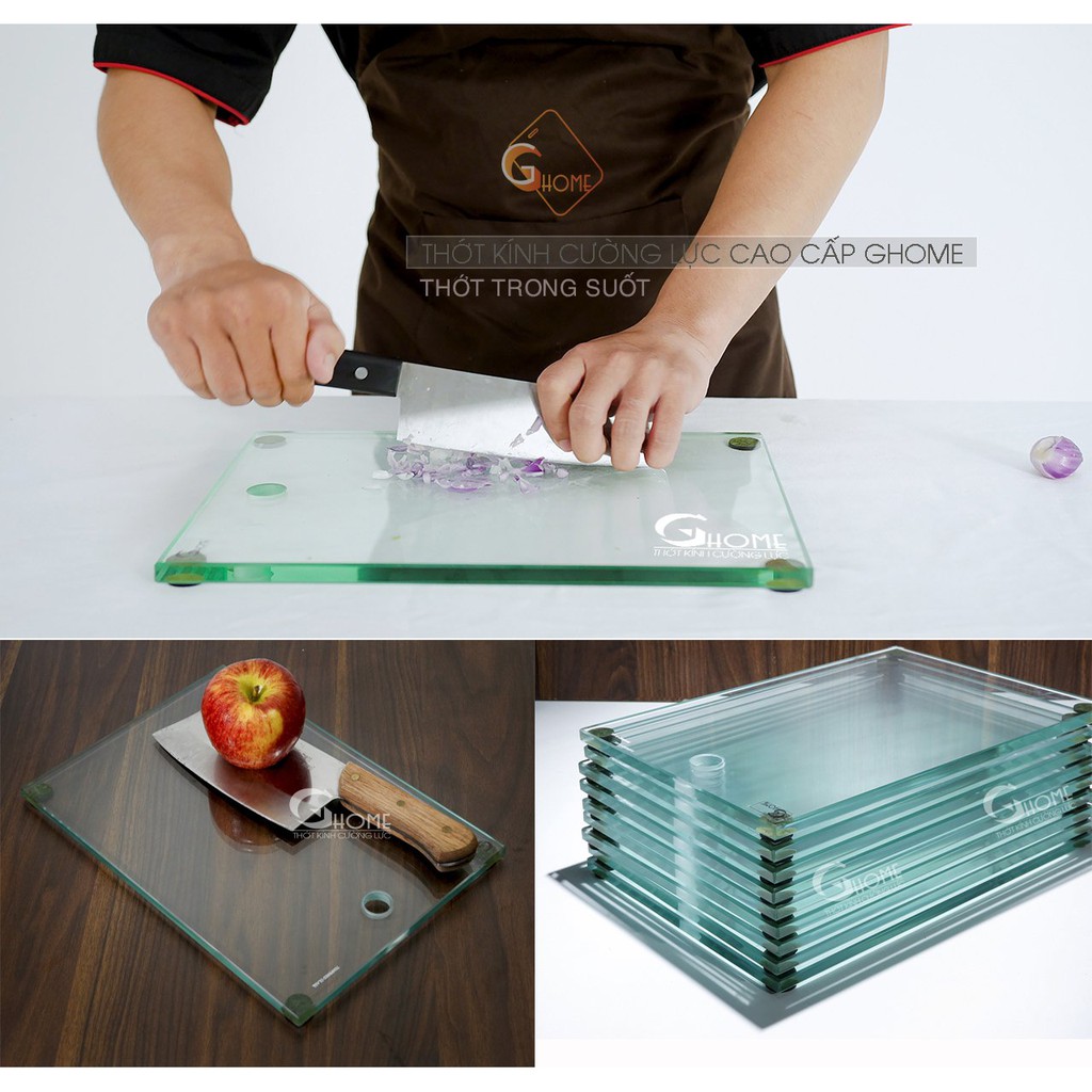 Thớt kính cường lực Ghome cao cấp - Màu trong suốt và vân gỗ 3D - Kích thước 23x33 cm dày 10mm