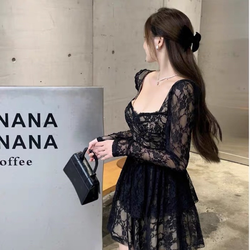 Đầm ren đen tiểu thư 2 tầng xoè bồng chiết eo có mút ngực/ Váy dự tiệc sang chảnh Hàn Quốc