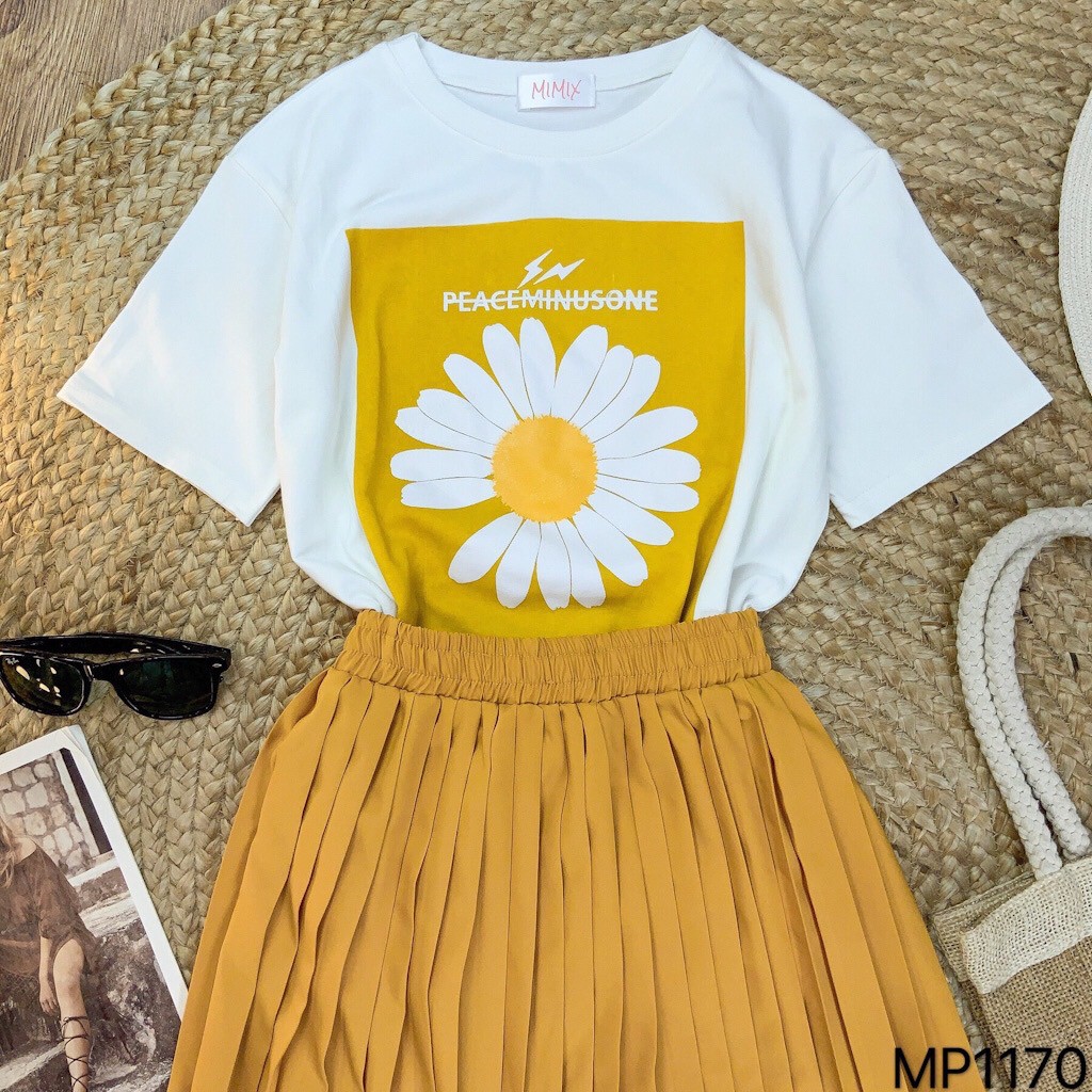 Set Ulzzang Áo thun hoa cúc và Chân váy Midi xếp li VINTAGE STORE