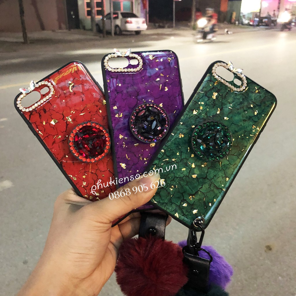 Ốp Vân Đá , Sang Chảnh Viền Đá Kèm Giá Đỡ + Cục Bông + Dây Đeo Cho Iphone 6/6s/ 6plus/ 6s plus/ 7plus/ 8plus/ X/Xs Max