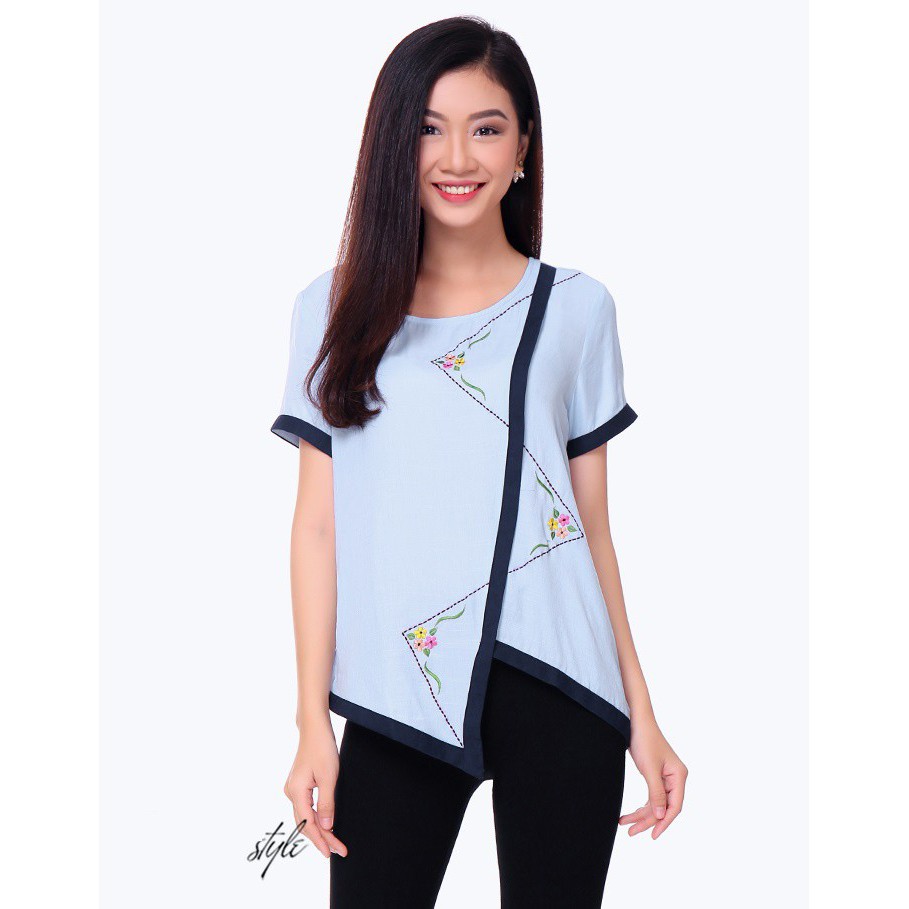 Áo Kiểu trung niên Thêu Phối Viền -678-TH An Thủy.xanh