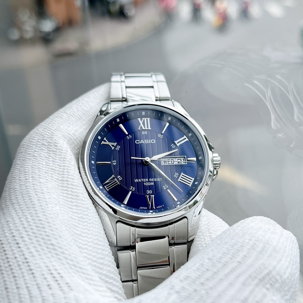 Đồng hồ Nam Casio MTP-1384D-2AV, đồng hồ chính hãng, dây bạc mặt xanh