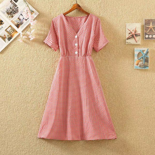 Đầm caro cổ V Quảng Châu (kèm hình thật)