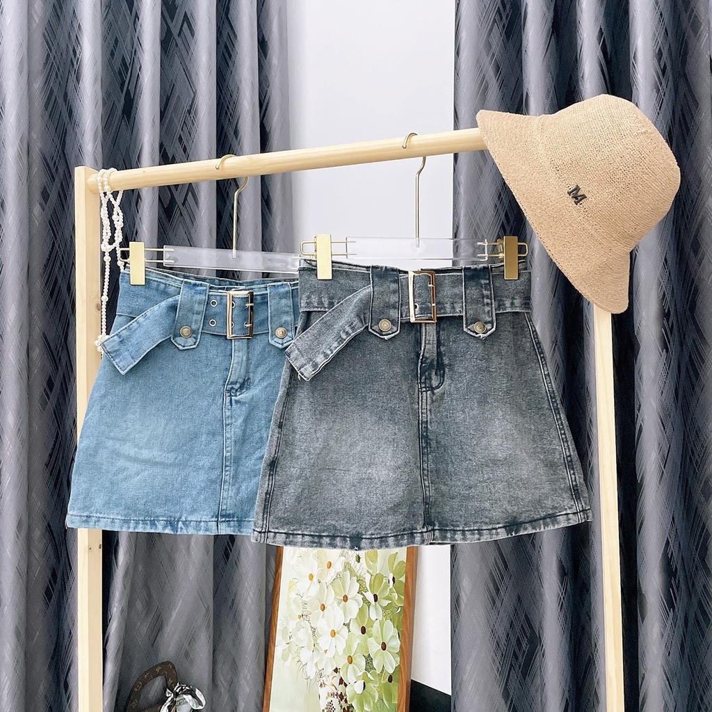 CV005 Chân váy bò denim ngắn lưng cao kèm đai đục lỗ chất jeans mềm mịn co giãn tốt Hàn Quốc dáng chữ A có quần trong