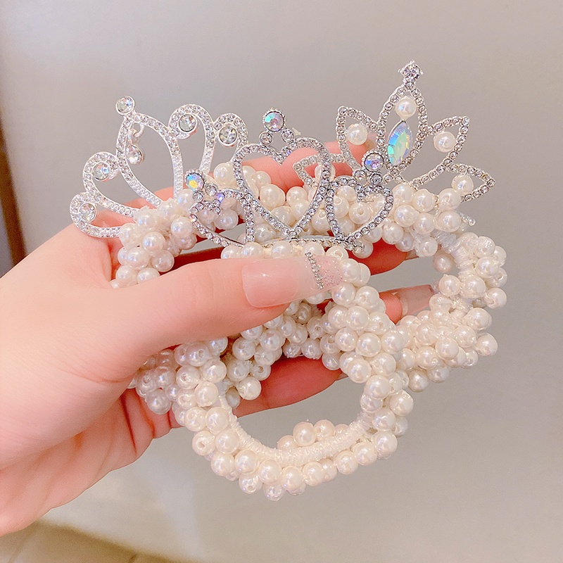 Dây Buộc Tóc Hình Vương Miện Đính Ngọc Trai Xinh Xắn Cho Bé Gái