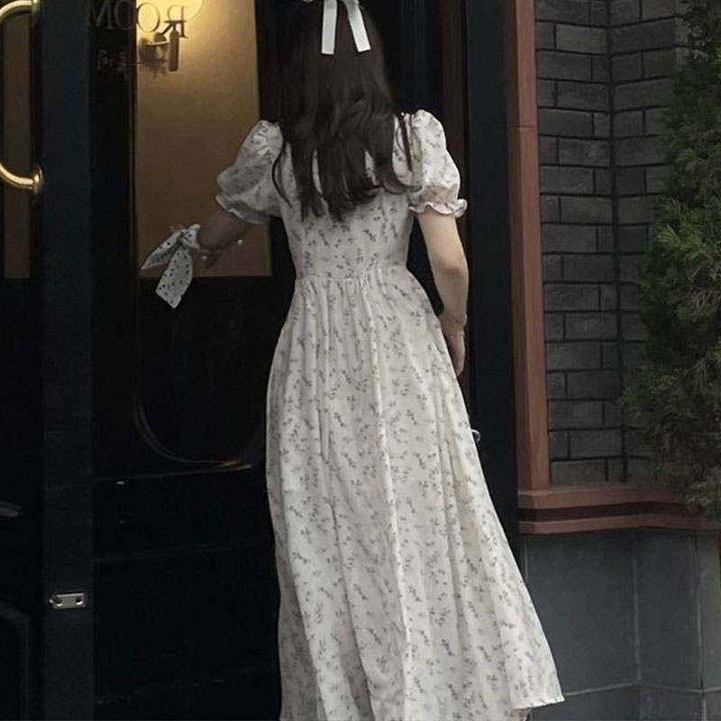 Đầm Xin LAN YA SHE voan tay phồng họa tiết hoa phong cách Pháp váy thiết kế tay bồng