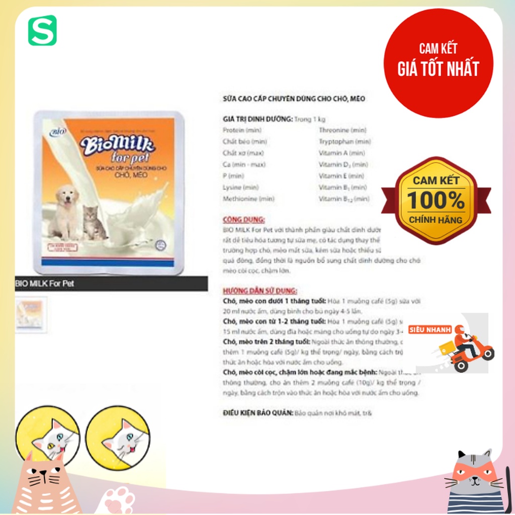 Sữa cho chó mèo Bio Milk 100g Sữa bột dinh dưỡng cho thú cưng